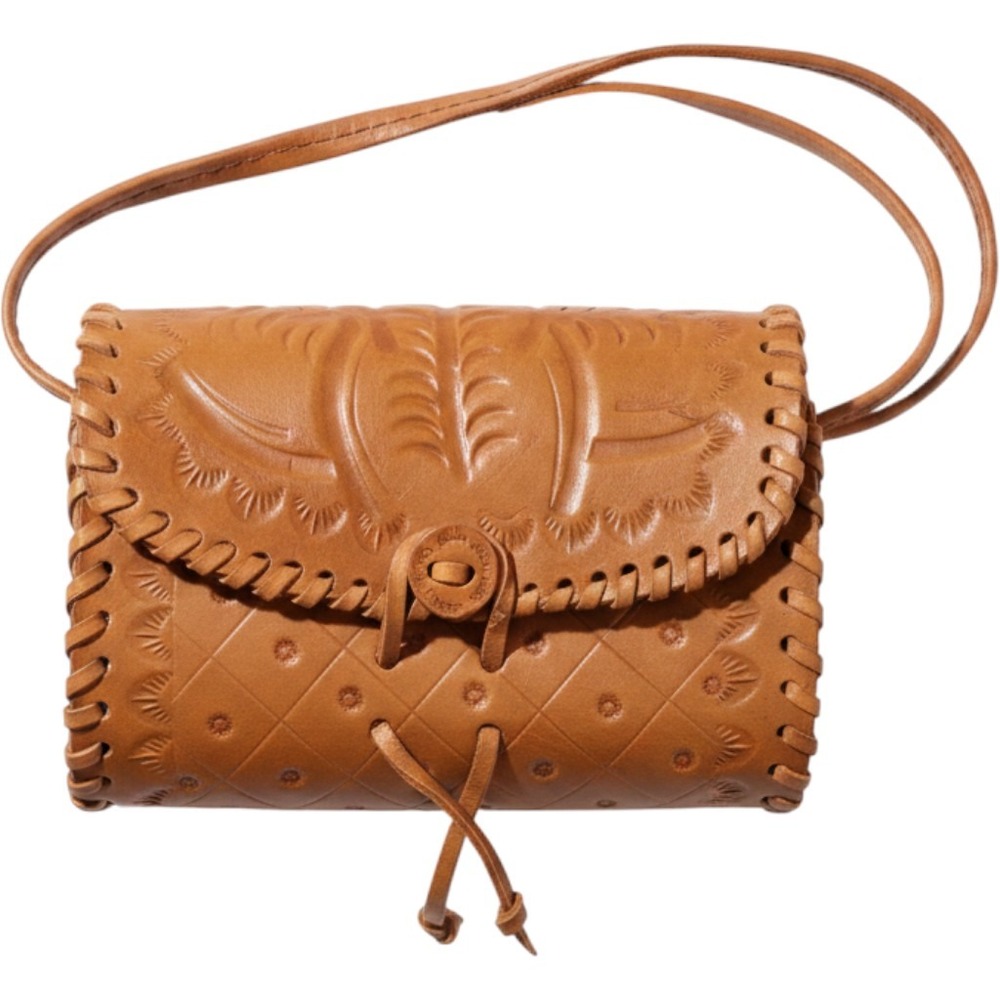 Vintage Hand Tooled Leather Crossbody Bag Western Boho Whipstitch Brown Small